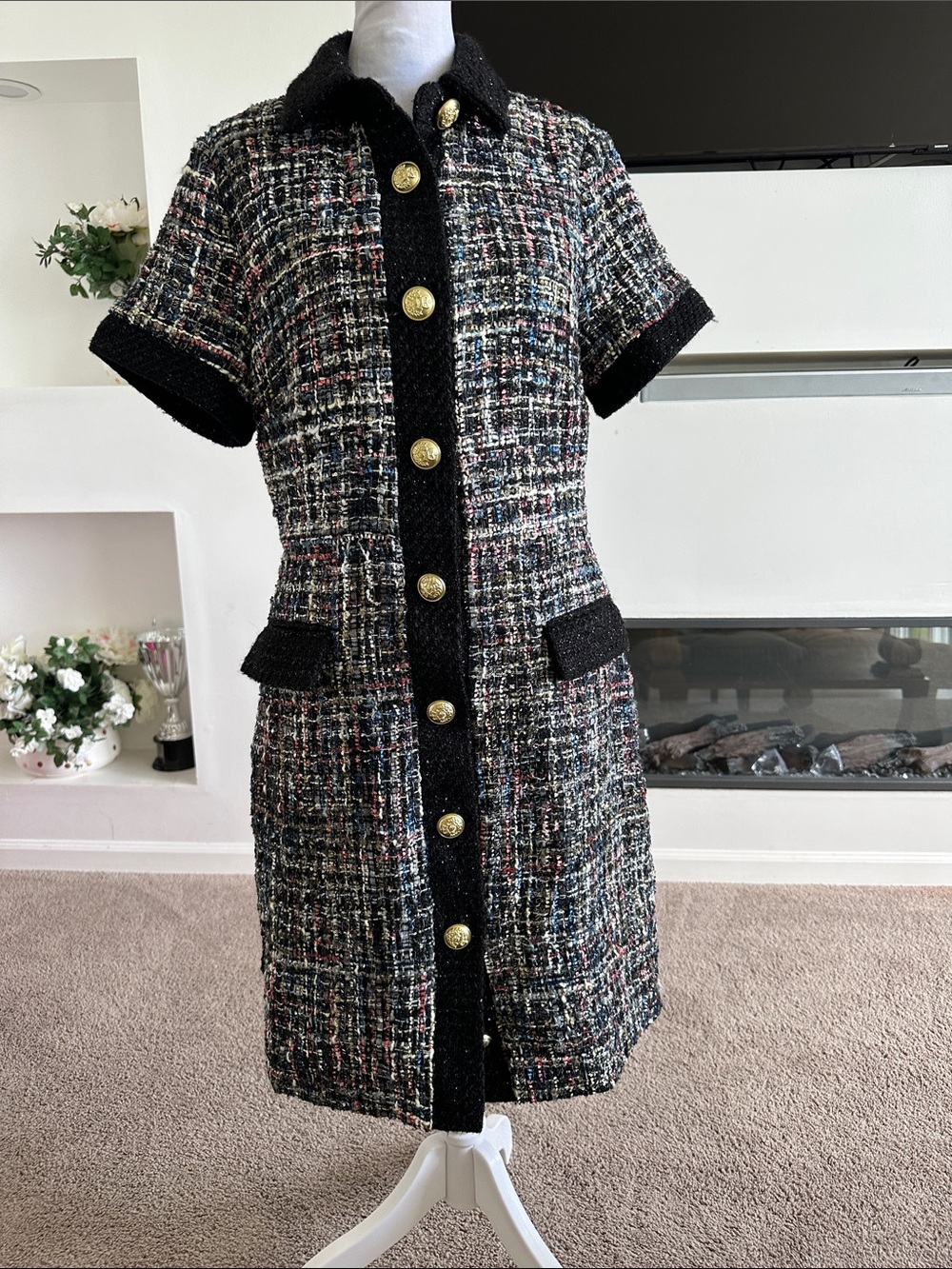 Alexia Admor Classic Black Tweed Short-Sleeve Dress with Gold Buttons